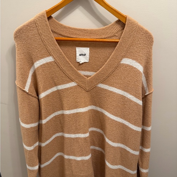 aerie Sweaters - Aerie V-Neck Sweater in Tan and White Stripes